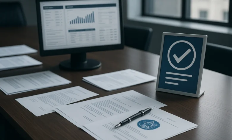 regulacao bets — Mesa de trabalho regulatória com documentos oficiais, caneta e monitor com gráficos de monitoramento de apos