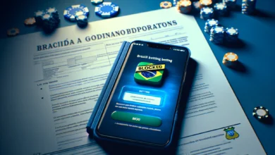 bloqueio de apostas no Desenrola Brasil — Smartphone com notificação de bloqueio de apostas, documento oficial e sinais de av