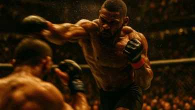 Carlos Prates UFC — Lutador de MMA em ação no octógono durante luta do UFC, executa golpe agressivo com iluminação dramática