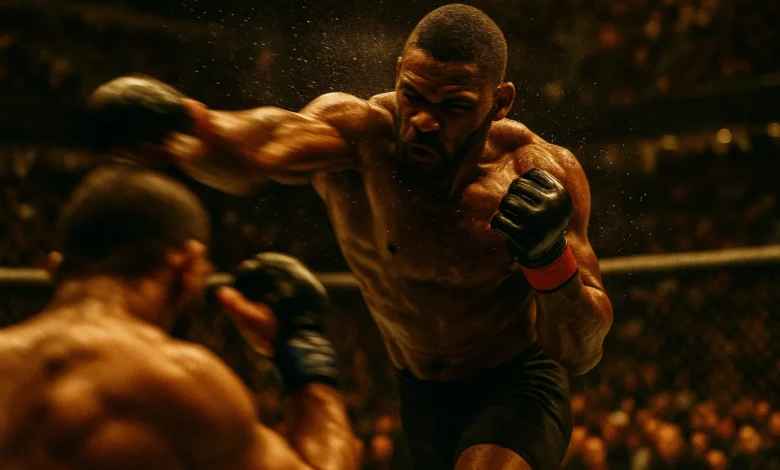 Carlos Prates UFC — Lutador de MMA em ação no octógono durante luta do UFC, executa golpe agressivo com iluminação dramática