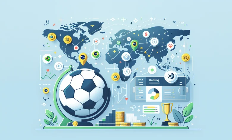 apostar na Copa do Mundo 2026 na BetBoom — Ilustração de bola de futebol sobre mapa-múndi com ícones de apostas e troféu, rep