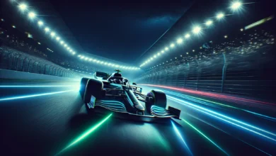 FanDuel na Fórmula 1 — Carro de Fórmula 1 em pista com iluminação noturna dramática e luzes do estádio ao fundo