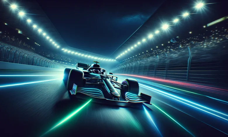FanDuel na Fórmula 1 — Carro de Fórmula 1 em pista com iluminação noturna dramática e luzes do estádio ao fundo