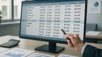 Computador em escritório exibindo dados estatísticos do IBGE sobre gastos com apostas esportivas em planilha