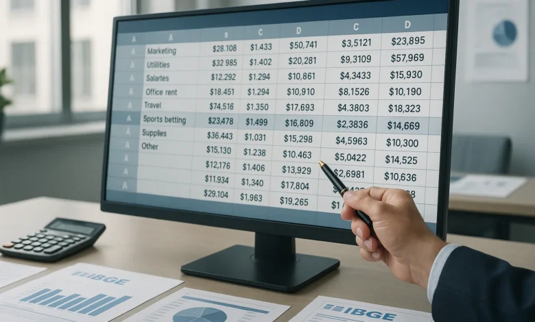 Computador em escritório exibindo dados estatísticos do IBGE sobre gastos com apostas esportivas em planilha