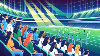 Mulheres assistindo a partida de futebol em estádio moderno, representando o crescimento do interesse feminino por esportes no Brasil
