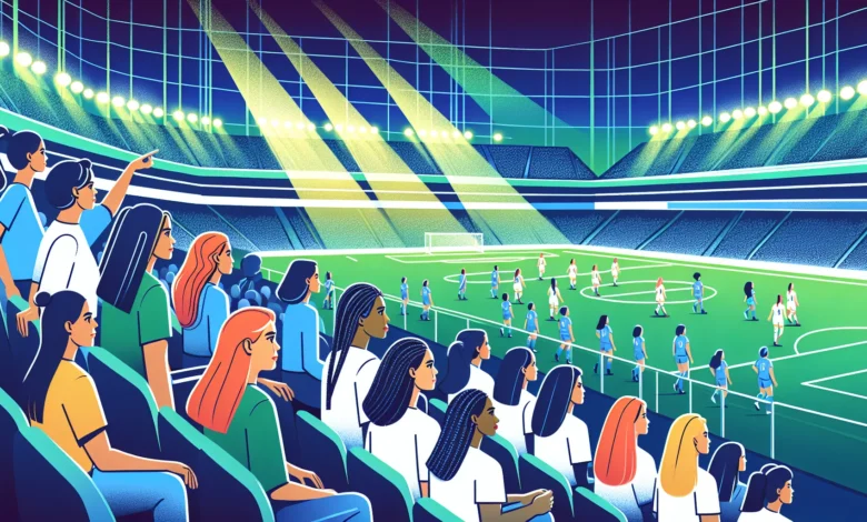 Mulheres assistindo a partida de futebol em estádio moderno, representando o crescimento do interesse feminino por esportes no Brasil