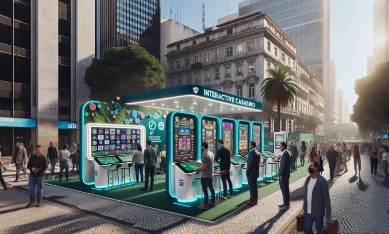 Instalação interativa de cassino responsável na Avenida Paulista com participantes engajados em atividades educacionais sobre jogo responsável