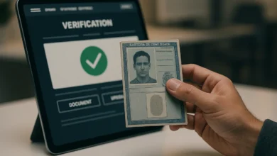 KYC apostas — Mão segurando documento de identidade sobre tablet com interface de verificação KYC de plataforma de apostas
