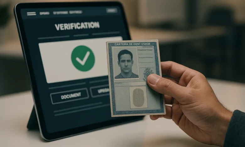 KYC apostas — Mão segurando documento de identidade sobre tablet com interface de verificação KYC de plataforma de apostas