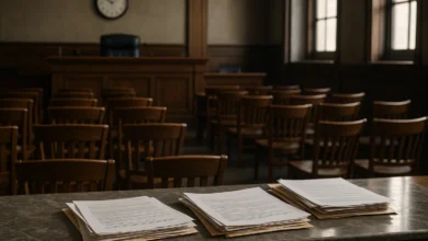 Operação Narco Fluxo bets ilegais — Sala de audiência judicial com documentos, mesa de juiz ao fundo e iluminação natural