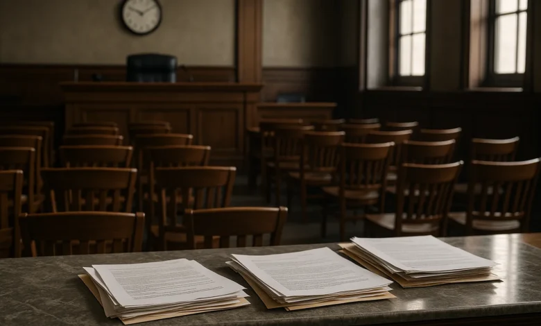 Operação Narco Fluxo bets ilegais — Sala de audiência judicial com documentos, mesa de juiz ao fundo e iluminação natural