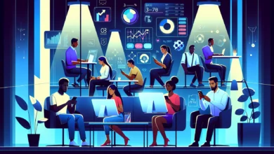 apostas online no Brasil — Ilustração representando brasileiros usando dispositivos para apostas online, com símbolos de porc