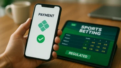 Pix apostas esportivas — Mão segurando smartphone com interface Pix ao lado de tablet com app de apostas regulamentada em mes