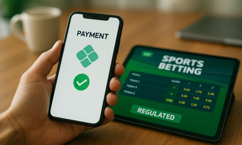 Pix apostas esportivas — Mão segurando smartphone com interface Pix ao lado de tablet com app de apostas regulamentada em mes
