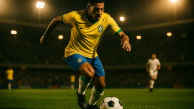 Neymar Copa do Mundo 2026 — Jogador da Seleção Brasileira em ação durante partida noturna em estádio, usando uniforme amarelo