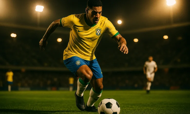 Neymar Copa do Mundo 2026 — Jogador da Seleção Brasileira em ação durante partida noturna em estádio, usando uniforme amarelo