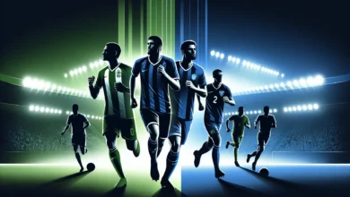 Ilustração dinâmica do mercado de transferências do futebol 2025 com silhuetas de jogadores profissionais em diferentes unifo