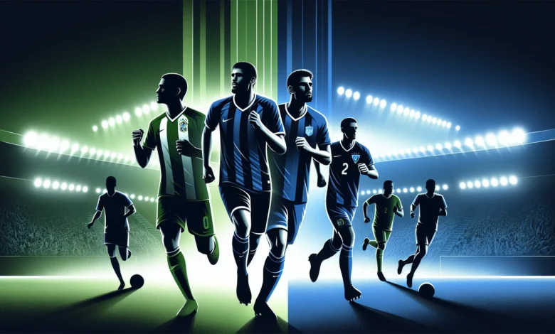 Ilustração dinâmica do mercado de transferências do futebol 2025 com silhuetas de jogadores profissionais em diferentes unifo