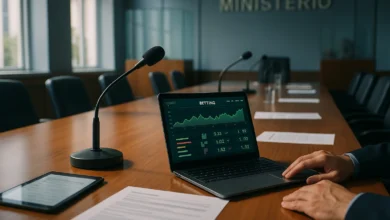 audiência pública apostas — Mesa de reunião em ministério com laptop de apostas e microfone, ambiente de audiência regulatóri