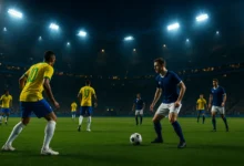 brasil, escocia, palpite — Panorama noturna de estádio com Brasil vs Escócia, jogadores genéricos em ação sobre gramado verde