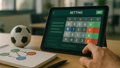 desempate, grupos, copa — Mão sobre tablet de apostas e bola de futebol na mesa, infográfico abstrato sobre desempate.