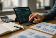 educação, financeira, jogo — Mesa de trabalho com tablet exibindo app de apostas, mão genérica, calculadora e papéis com gráf