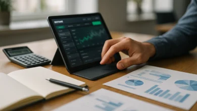 educação, financeira, jogo — Mesa de trabalho com tablet exibindo app de apostas, mão genérica, calculadora e papéis com gráf