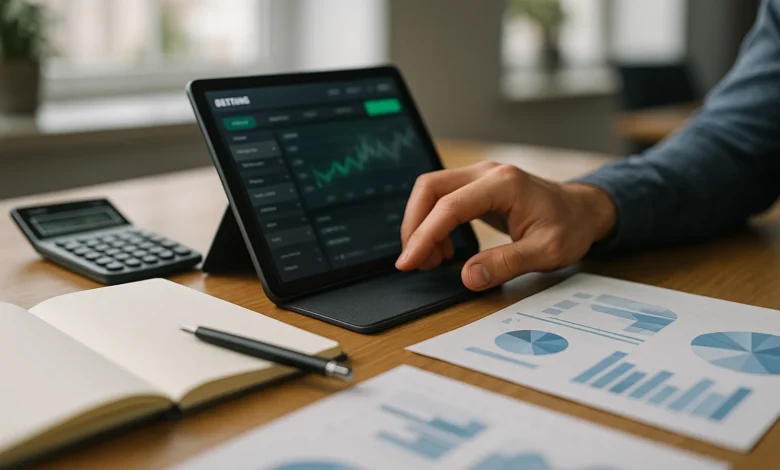 educação, financeira, jogo — Mesa de trabalho com tablet exibindo app de apostas, mão genérica, calculadora e papéis com gráf