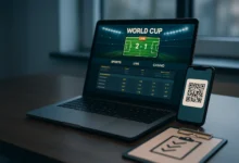fraudes, copa, pix — Foto editorial de mesa de apostas na Copa: laptop, celular com QR, itens de segurança e iluminação natur
