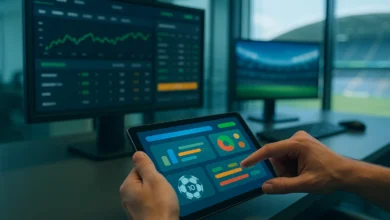 gamificacao, megashoot, copa — Mesa de escritório com tablet e monitores exibindo interfaces de apostas e gamificação, estádi