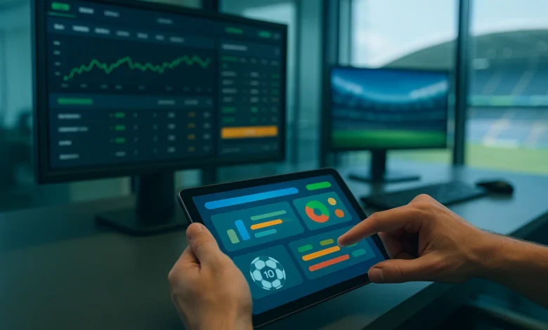 gamificacao, megashoot, copa — Mesa de escritório com tablet e monitores exibindo interfaces de apostas e gamificação, estádi