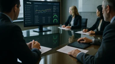 Reunião regulatória sobre licenciamento B2B em apostas, com tela de plataforma genérica e documentos.