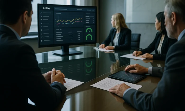 Reunião regulatória sobre licenciamento B2B em apostas, com tela de plataforma genérica e documentos.