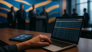patrocinio esportivo — Cena editorial esportiva com mesa, laptop com app de apostas genérico, tablet, parede de LEDs com gráf