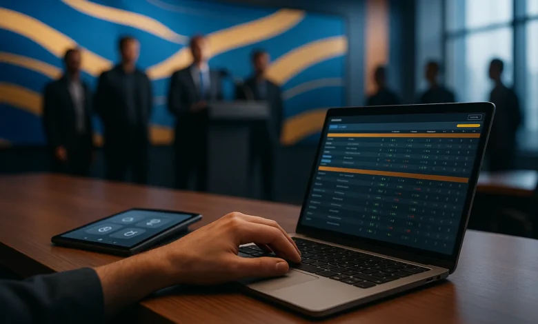 patrocinio esportivo — Cena editorial esportiva com mesa, laptop com app de apostas genérico, tablet, parede de LEDs com gráf