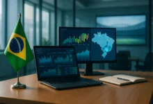 regulacao, apostas, Brasil — Cena editorial fotorrealista em escritório regulatório com telas de apostas e bandeira do Brasil
