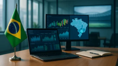 regulacao, apostas, Brasil — Cena editorial fotorrealista em escritório regulatório com telas de apostas e bandeira do Brasil