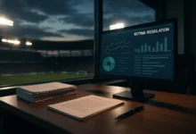 regulacao, apostas, consumidor — Mesa de escritório com monitor de regulação de apostas e estádio ao fundo