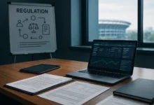 regulação, apostas, consumidor — Escritório regulatório com mesa, laptop exibindo plataforma de apostas genérica, documentos