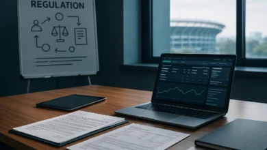 regulação, apostas, consumidor — Escritório regulatório com mesa, laptop exibindo plataforma de apostas genérica, documentos