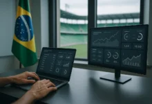 regulacao, apostas, fazenda — Mãos surgindo sobre mesa de regulação, telas com gráficos de apostas, visão de estádio ao fundo
