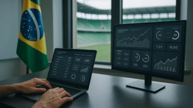 regulacao, apostas, fazenda — Mãos surgindo sobre mesa de regulação, telas com gráficos de apostas, visão de estádio ao fundo