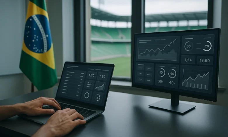 regulacao, apostas, fazenda — Mãos surgindo sobre mesa de regulação, telas com gráficos de apostas, visão de estádio ao fundo