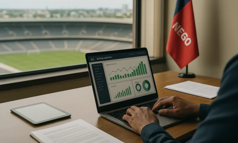 regulacao, loterias, paraiba — Escritório regulatório na Paraíba com mesa, notebook e vista para estádio de futebol ao fundo