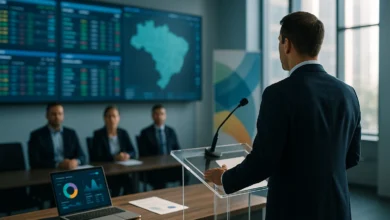 Stellar Gaming — Orador genérico de costas em sala de imprensa de apostas, diante de monitores com dashboards e mapa do Brasi