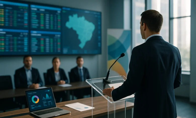Stellar Gaming — Orador genérico de costas em sala de imprensa de apostas, diante de monitores com dashboards e mapa do Brasi