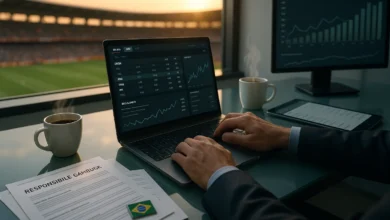 bets, brasil, futebol — Escritório regulatório no Brasil com laptop de apostas e vista de estádio ao pôr do sol.