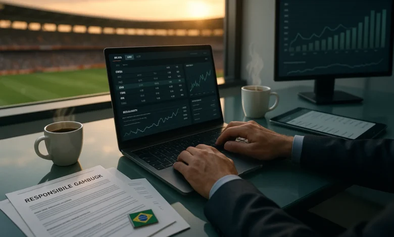 bets, brasil, futebol — Escritório regulatório no Brasil com laptop de apostas e vista de estádio ao pôr do sol.