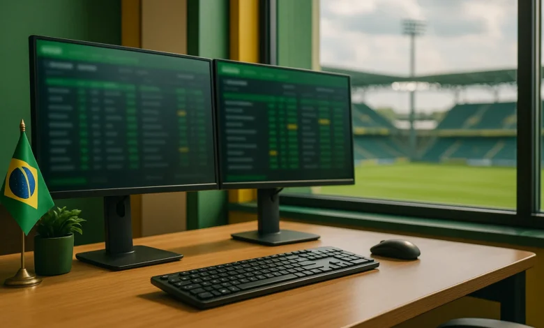 Copa, Brasil, apostas — Sala de redação com monitores exibindo gráficos de apostas desfocados e visão de estádio ao fundo.